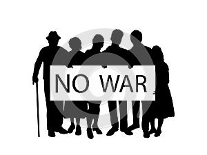 Silhouette family holds placard NO WAR.