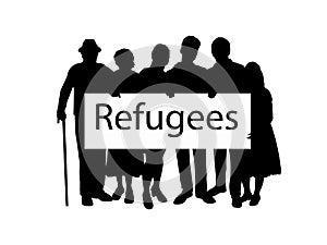 Silhouette family holds placard Refugees.