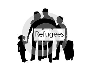 Silhouette family holds placard Refugees.