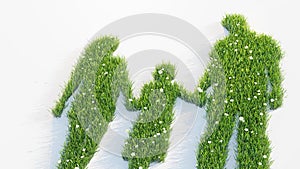 silhouette of family made of green grass and flowers, concept of carbon footprint and environmental conservation, 3D illustration