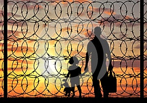 Silhouette of a family refugee