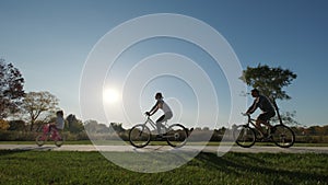 Silhouette of a family riding bicycles in a park and on a suburban street on a sunny day. Wide shot