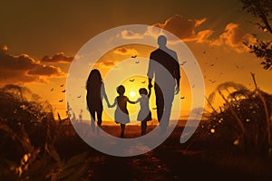 Silhouette of family on sunset background. Happy family concept, Silhouette of young couple hiker were standing at the top of the