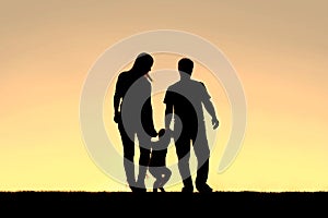 Silhouette of Family of Three People Walking at Sunset