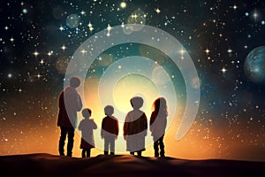 silhouette of family which looking on the Christmas beautiful night sky full of stars