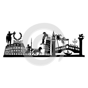 Silhouette of the famous sights in Italy - Pisa, Venice and Rome