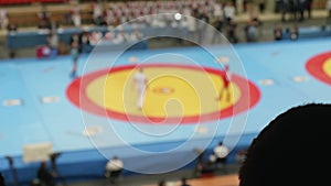 Silhouette of fan who watches duelling on sambo. The action is unfocused. Fan is unrecognizable.