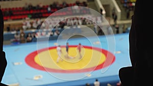 Silhouette of fan who watches duelling on sambo. The action is unfocused. Fan is unrecognizable.