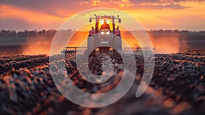 Silhouette of farmer on tractor, plowing agriculture field soil during in sunset. Agriculture, vegetable growing, farm.