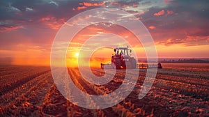 Silhouette of farmer on tractor, plowing agriculture field soil during in sunset. Agriculture, vegetable growing, farm.