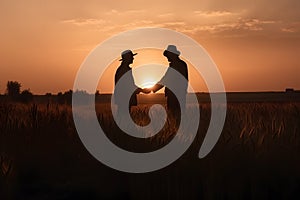 Silhouette of farmers shaking hands in a field of ripe wheat. Sunset on the horizon, Generative AI