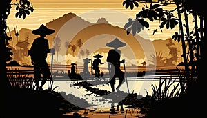 Silhouette farmers working on rice fields in rural landscape