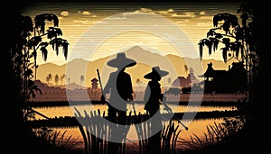 Silhouette farmers working on rice fields in rural landscape