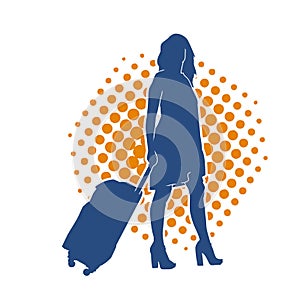 Silhouette of a fashionable female carrying a wheeled luggage travel bag. Silhouette of a business woman doing business trip