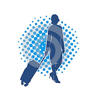 Silhouette of a fashionable female carrying a wheeled luggage travel bag. Silhouette of a business woman doing business trip