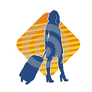 Silhouette of a fashionable female carrying a wheeled luggage travel bag. Silhouette of a business woman doing business trip