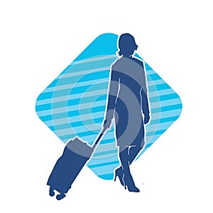 Silhouette of a fashionable female carrying a wheeled luggage travel bag. Silhouette of a business woman doing business trip