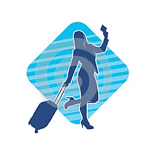 Silhouette of a fashionable female carrying a wheeled luggage travel bag. Silhouette of a business woman doing business trip