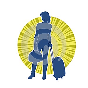 Silhouette of a fashionable female carrying a wheeled luggage travel bag. Silhouette of a business woman doing business trip