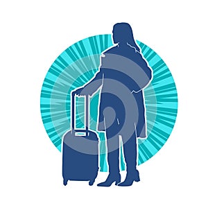 Silhouette of a fashionable female carrying a wheeled luggage travel bag. Silhouette of a business woman doing business trip