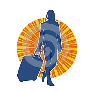 Silhouette of a fashionable female carrying a wheeled luggage travel bag. Silhouette of a business woman doing business trip