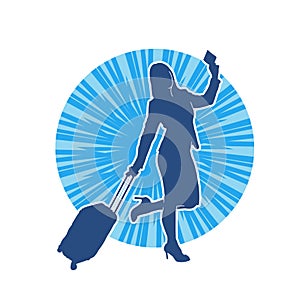 Silhouette of a fashionable female carrying a wheeled luggage travel bag. Silhouette of a business woman doing business trip