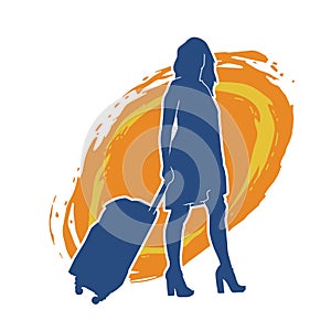 Silhouette of a fashionable female carrying a wheeled luggage travel bag. Silhouette of a business woman doing business trip