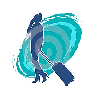 Silhouette of a fashionable female carrying a wheeled luggage travel bag. Silhouette of a business woman doing business trip