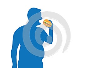 Silhouette of fat man eating a hamburger.
