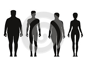 Silhouette of fat and thin peoples. Weight loss of overweight man and fat woman. Vector illustrations isolate