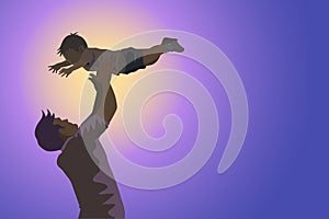 A silhouette of a father catching and playing with his son on gadent coilor background