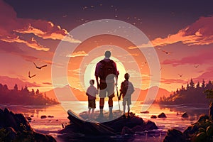 Silhouette of a father and children on a rock by the lake at sunset, Family dad and two sons are fishing at sunset, AI Generated