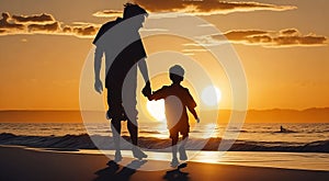 silhouette of father and son holding hands at sunset walking on beach