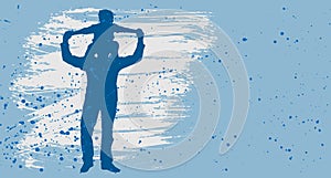 Silhouette of father and son sitting on his shoulders on blue background with splashes. Father\'s Day. Vector illustration