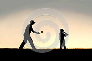 Silhouette of Father and Young Child Playing Baseball OUtside