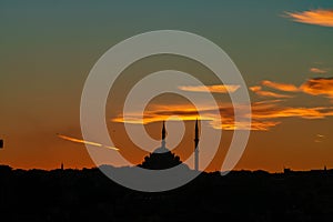 Silhouette of Fatih Mosque at sunset. Islamic background photo