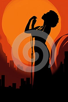 Silhouette of a female diva vocalist singing with a microphone