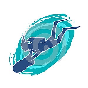 Silhouette of a female diver doing underwater observation with big torch