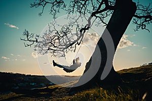 Silhouette of a female enjoying the sunset on a tree swing in a mountainous area