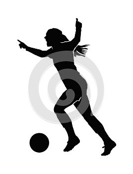 Silhouette of female football player doing victory celebration on white background