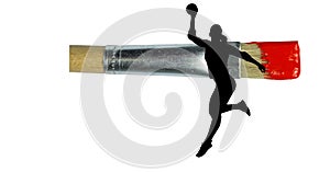 Silhouette of female handball player against paint brush with red painted tip on white background