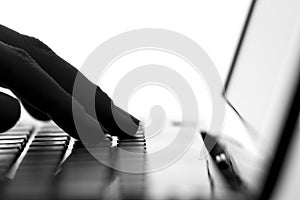 Silhouette of a female hands typing on the keyboard