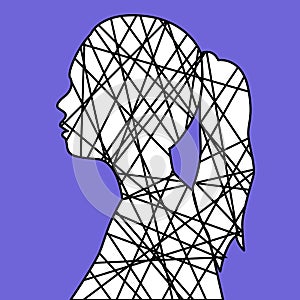 Silhouette of a female head with line inside. Chaotic thought process, confusion, personality disorder, problem of