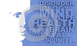 Silhouette of a female head and mind relative tags cloud