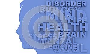 Silhouette of a female head and mind relative tags cloud