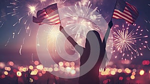 Silhouette of female person with two American flags celebrates, fireworks illuminate twilight. Festive energy and