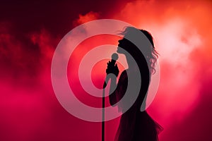 Silhouette of female Singer on Stage with Pink Lights