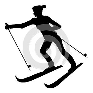 Silhouette of a female skier, black isolated vector object on white background