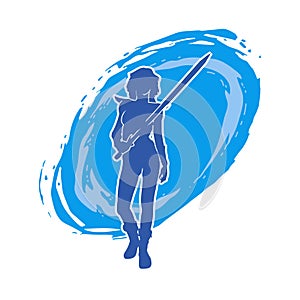 Silhouette of a female warrior in action pose with her sword weapon.