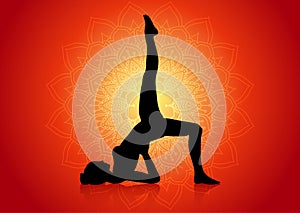 Silhouette of female in yoga pose on mandala design background